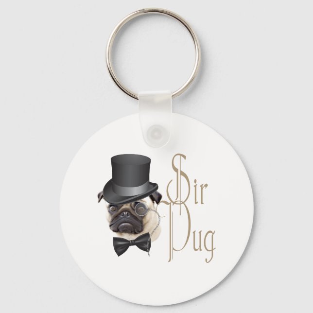 Funny Top Hat Monocle Sir Pug Dog Keychain (Front)