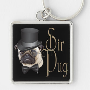 Funny Top Hat Monocle Sir Pug Dog Keychain