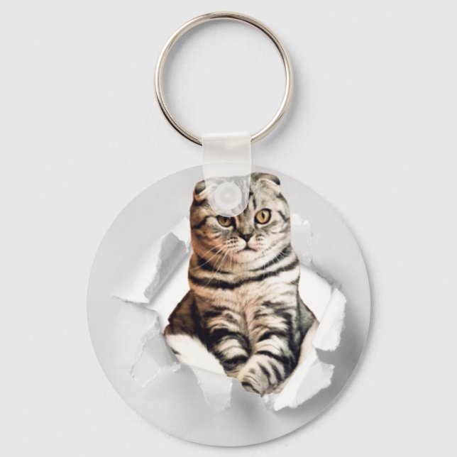 Funny Torn Paper Cute Cat Lover Humor Keychain (Front)