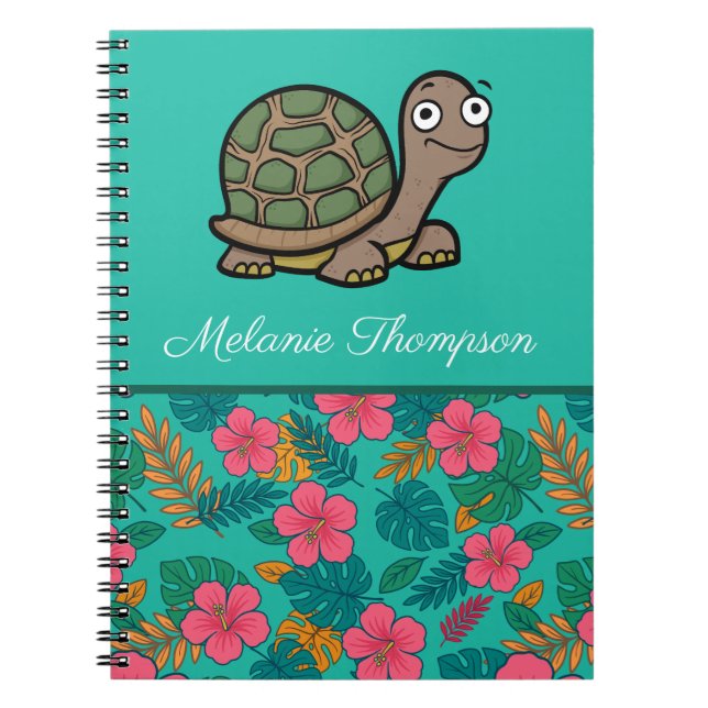Funny Tortoise Floral Pattern Custom Name  Notebook (Front)