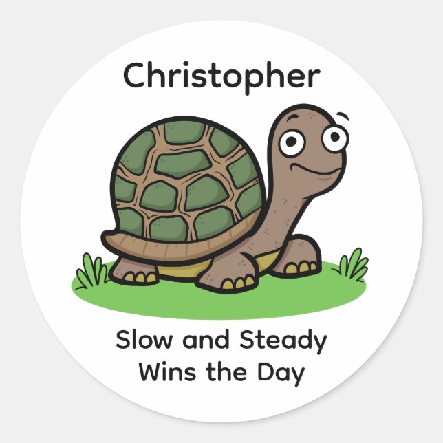 Funny Tortoise Slow And Steady Custom Name Classic Round Sticker (Front)
