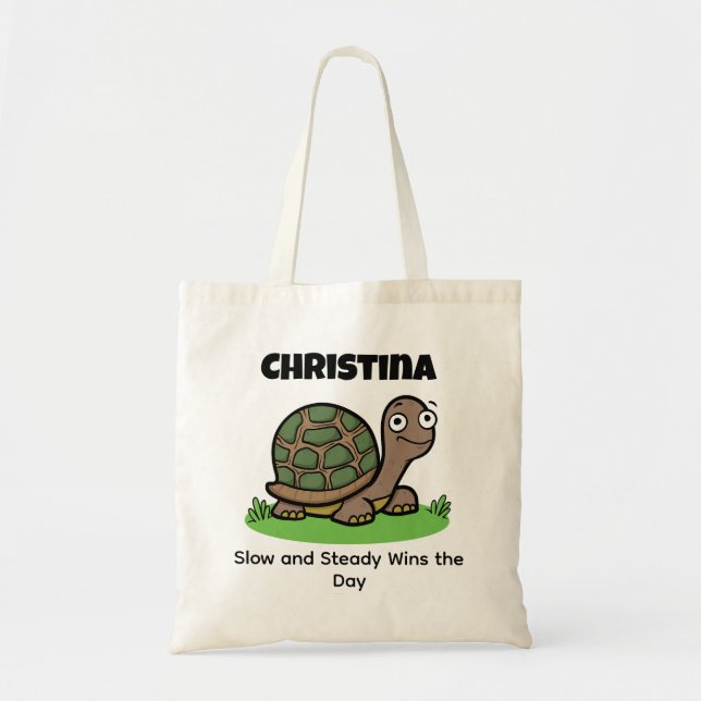 Funny Tortoise Slow And Steady Custom Name Tote Bag (Front)