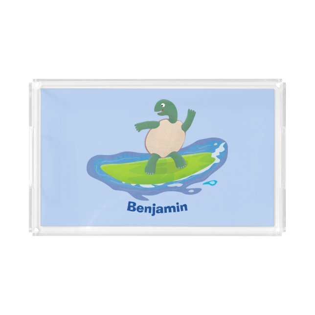 Funny tortoise wave surfing cartoon acrylic tray (Front)