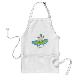 Funny tortoise wave surfing cartoon adult apron