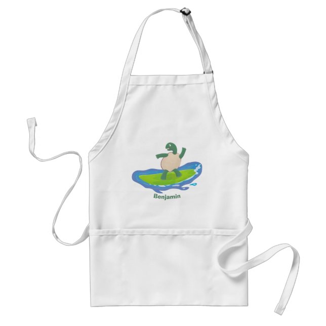 Funny tortoise wave surfing cartoon adult apron (Front)