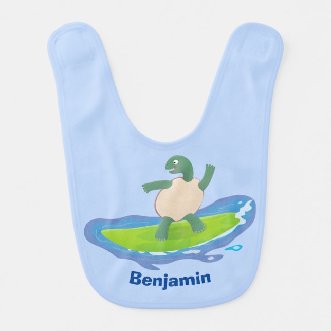 Funny tortoise wave surfing cartoon baby bib (Front)
