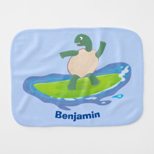Funny tortoise wave surfing cartoon baby burp cloth