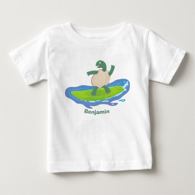 Funny tortoise wave surfing cartoon  baby T-Shirt (Front)