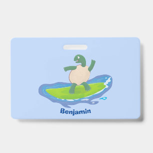 Funny tortoise wave surfing cartoon badge