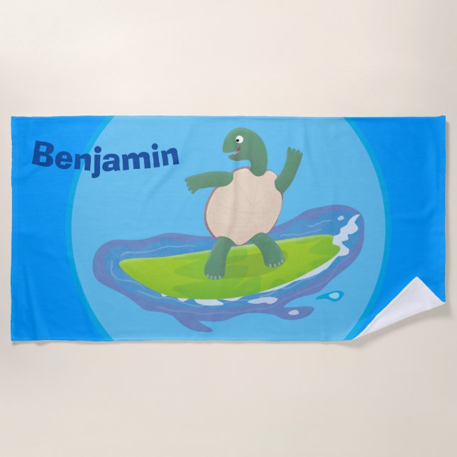 Funny tortoise wave surfing cartoon beach towel (Front)
