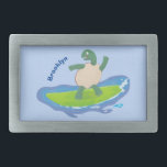 Funny tortoise wave surfing cartoon belt buckle<br><div class="desc">This funny tortoise is surfing the waves pop a bright green surfboard. Reptile fun in cartoon style!</div>