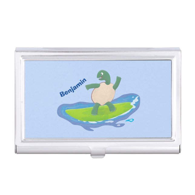 Funny tortoise wave surfing cartoon business card case (Front)