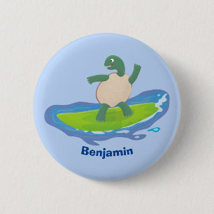 Funny tortoise wave surfing cartoon button
