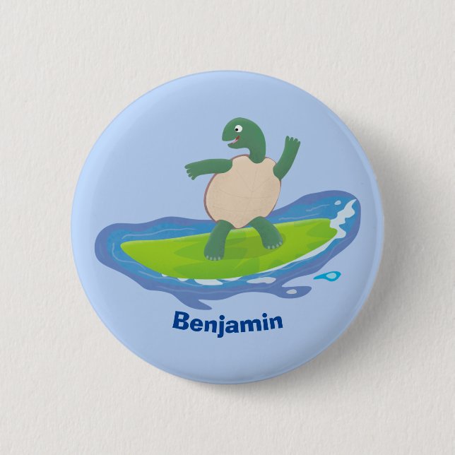 Funny tortoise wave surfing cartoon  button (Front)