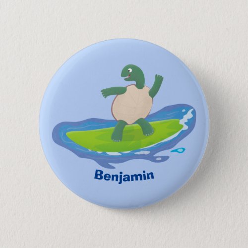 Funny tortoise wave surfing cartoon  button