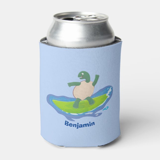Funny tortoise wave surfing cartoon can cooler (Can Front)