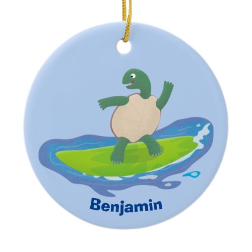 Funny tortoise wave surfing cartoon ceramic ornament