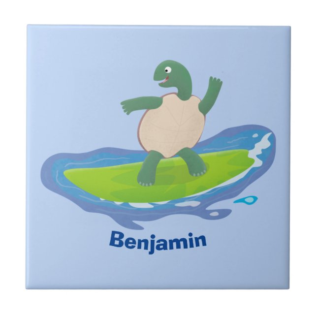 Funny tortoise wave surfing cartoon ceramic tile (Front)