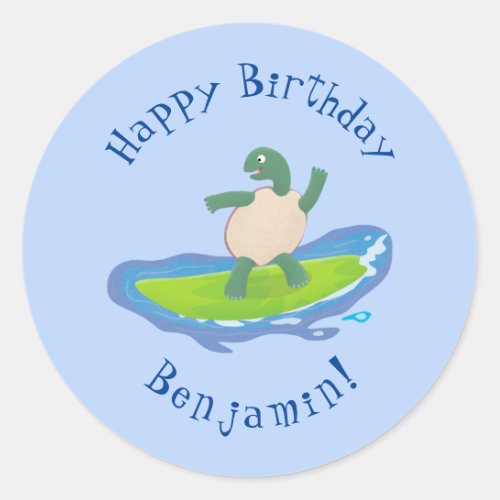 Funny tortoise wave surfing cartoon classic round sticker