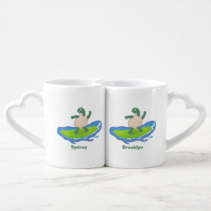 Funny tortoise wave surfing cartoon coffee mug set