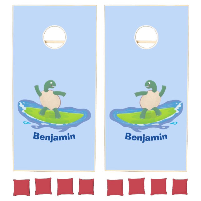 Funny tortoise wave surfing cartoon cornhole set (Set)