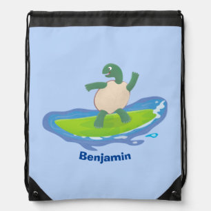Funny tortoise wave surfing cartoon drawstring bag