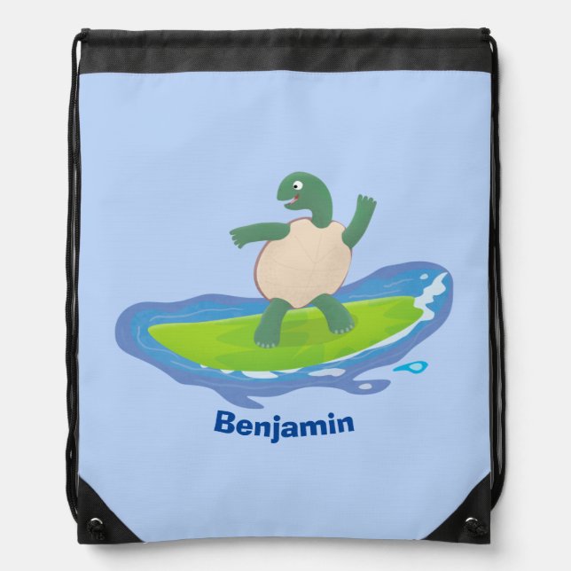 Funny tortoise wave surfing cartoon drawstring bag (Front)