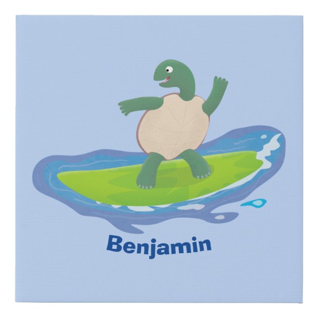 Funny tortoise wave surfing cartoon  faux canvas print (Front)