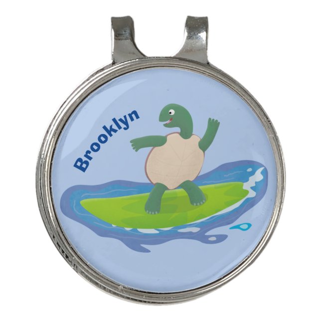 Funny tortoise wave surfing cartoon golf hat clip (Front)