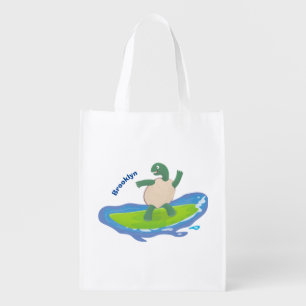 Funny tortoise wave surfing cartoon grocery bag