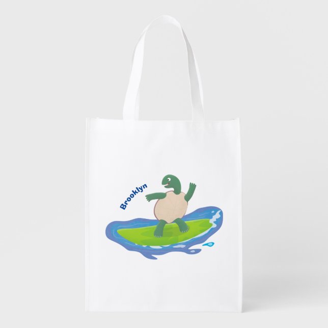 Funny tortoise wave surfing cartoon grocery bag (Front)