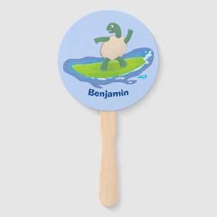 Funny tortoise wave surfing cartoon hand fan