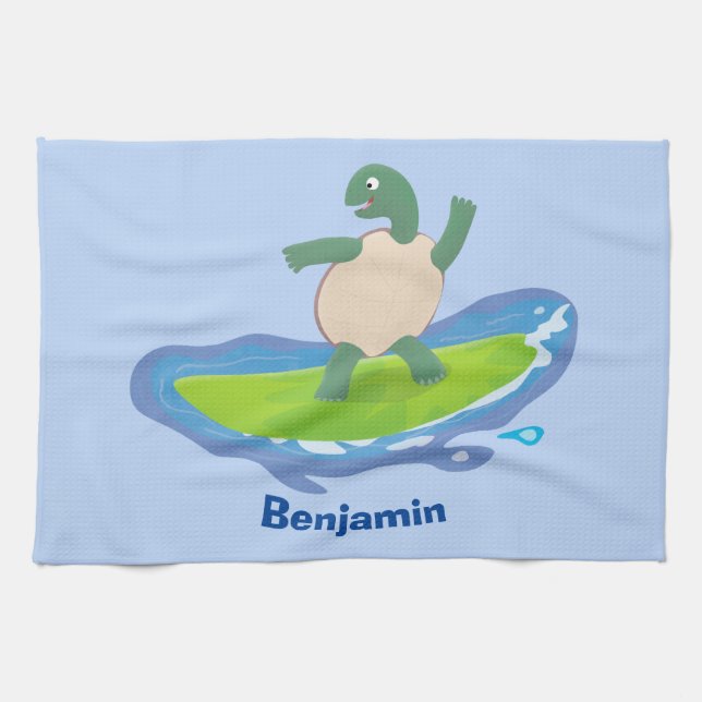 Funny tortoise wave surfing cartoon  kitchen towel (Horizontal)