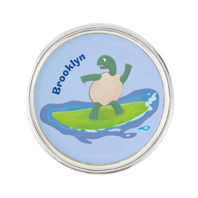 Funny tortoise wave surfing cartoon lapel pin (Front)