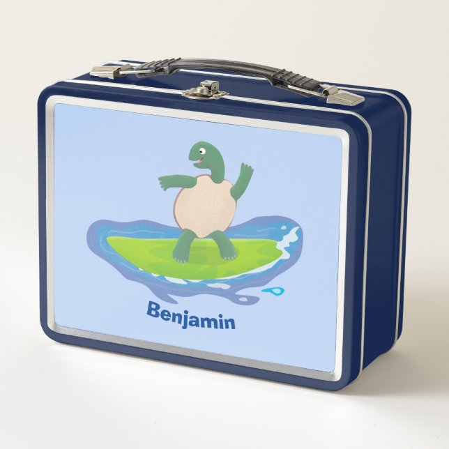 Funny tortoise wave surfing cartoon metal lunch box (Front)