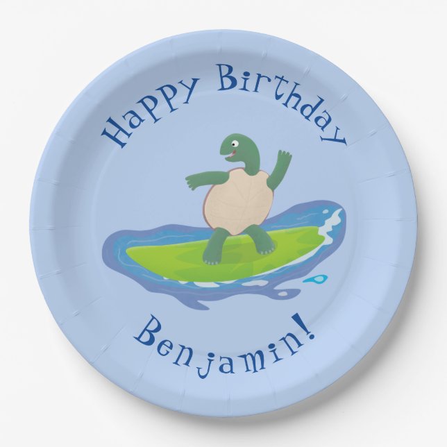 Funny tortoise wave surfing cartoon paper plates (Front)