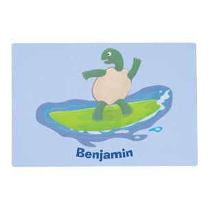 Funny tortoise wave surfing cartoon placemat