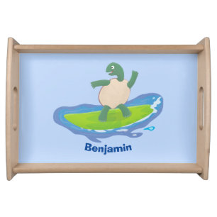 Funny tortoise wave surfing cartoon serving tray
