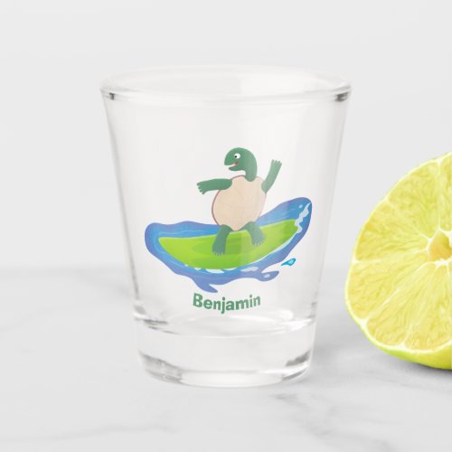 Funny tortoise wave surfing cartoon shot glass