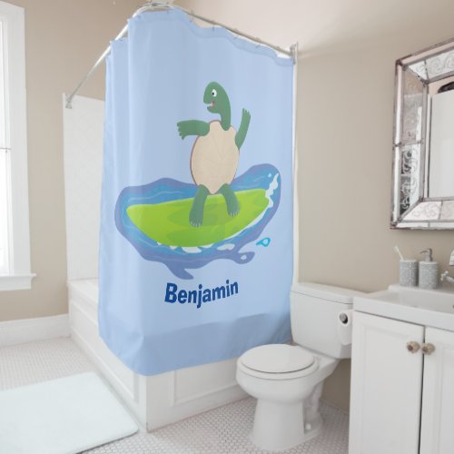 Funny tortoise wave surfing cartoon shower curtain