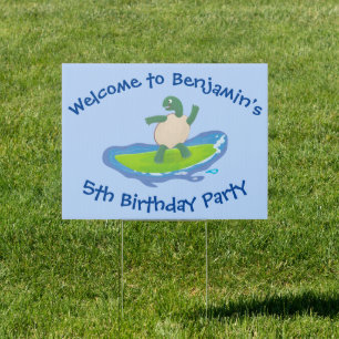 Funny tortoise wave surfing cartoon sign