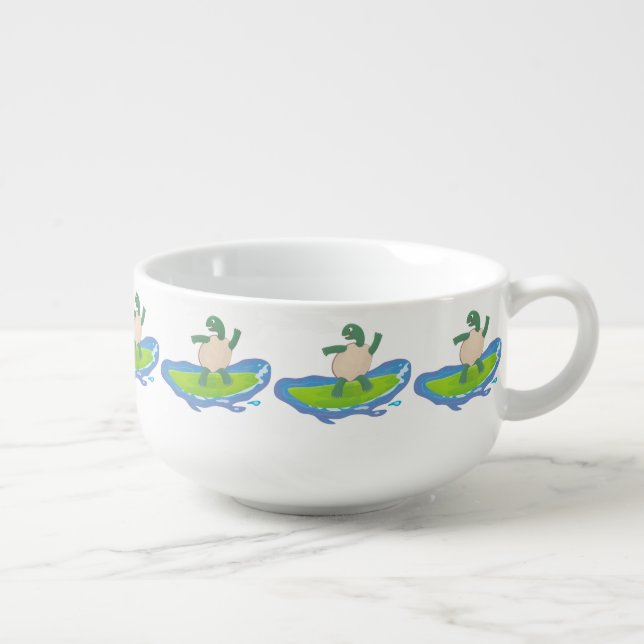 Funny tortoise wave surfing cartoon soup mug (Left)