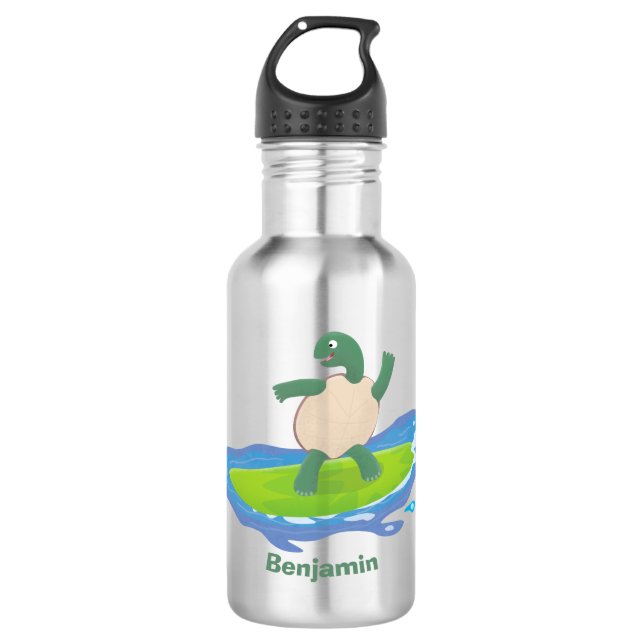 Funny tortoise wave surfing cartoon stainless steel water bottle (Front)