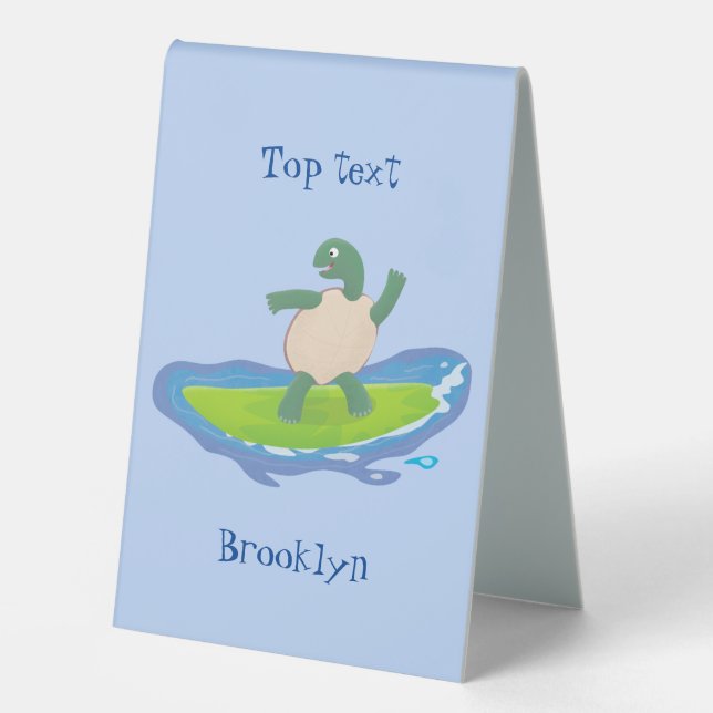 Funny tortoise wave surfing cartoon table tent (Front)