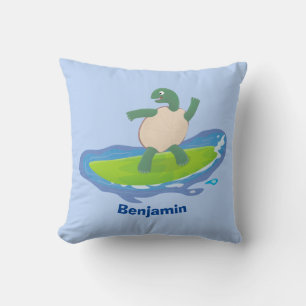 Funny tortoise wave surfing cartoon throw pillow