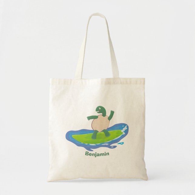 Funny tortoise wave surfing cartoon  tote bag (Front)