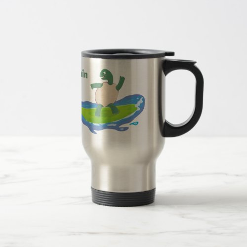 Funny tortoise wave surfing cartoon travel mug