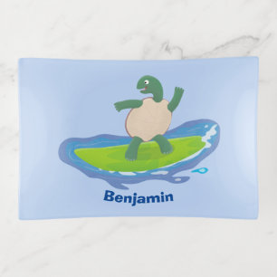 Funny tortoise wave surfing cartoon trinket tray
