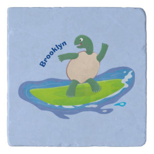 Funny tortoise wave surfing cartoon trivet
