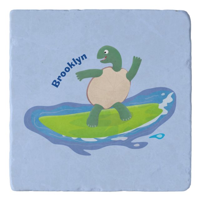 Funny tortoise wave surfing cartoon trivet (Front)